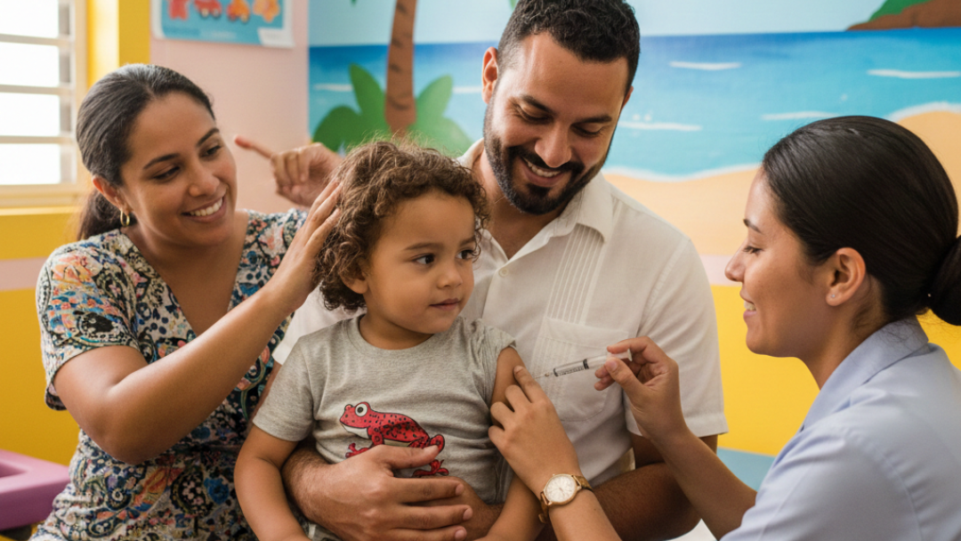 familia en centro de salud vacunando a niño pequeño en Puerto Rico