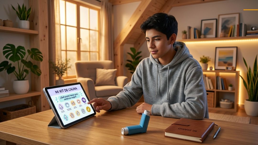 Adolescente con asma utilizando un kit digital de calma y herramientas para manejar sus emociones